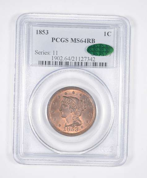 MS64 RB CAC 1853 Braided Hair Large Cent - Graded PCGS