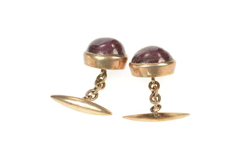 14K Yellow Gold Men's Oval Natural Star Ruby Cabochon Chain Cuff Links