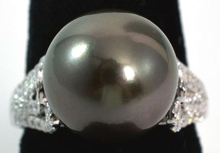 14K White Gold Tahitian Pearl & Diamond Ring