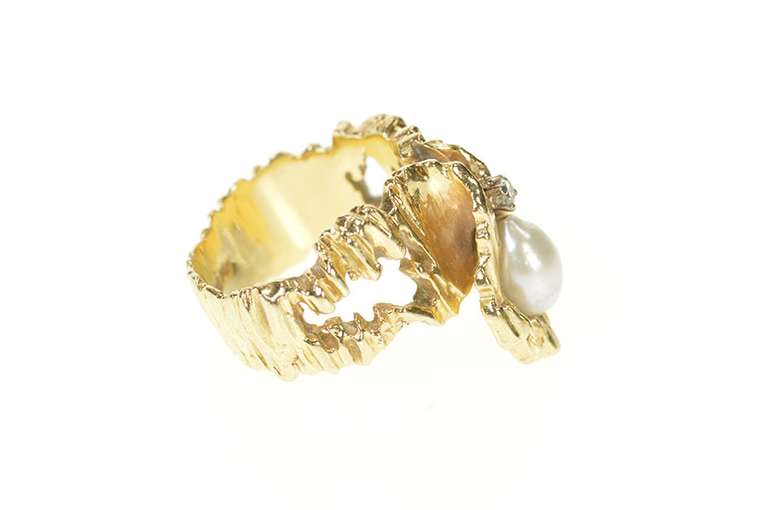 14K Yellow Gold 1960's Pearl Diamond Raw Textured Statement Ring