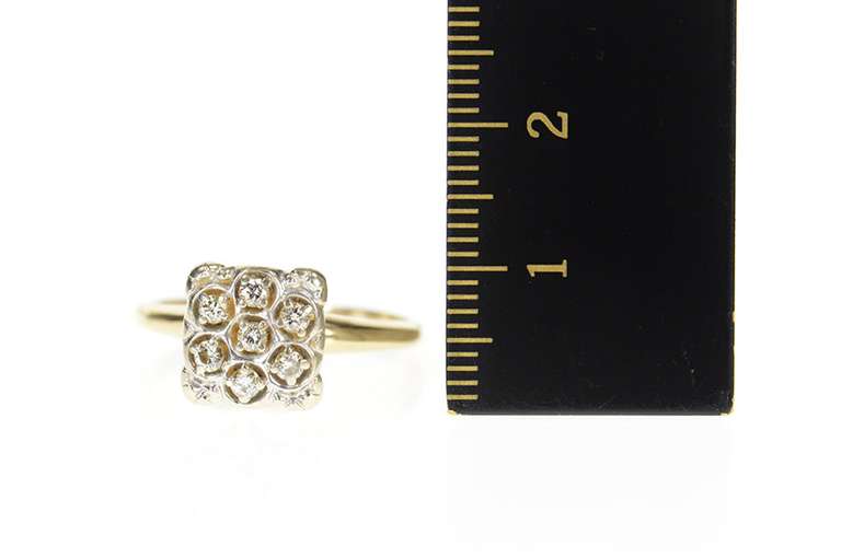 10K Yellow Gold Retro Squared Diamond Cluster Raised Cocktail Ring