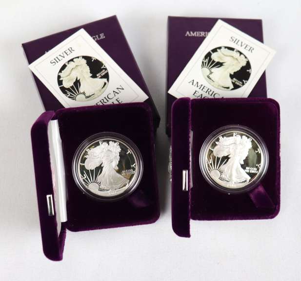 1986 S And 1990 S Proof Silver Eagles With Boxs and Papers