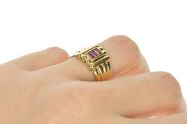14K Yellow Gold Baguette Ruby Scalloped Geometric Statement Ring