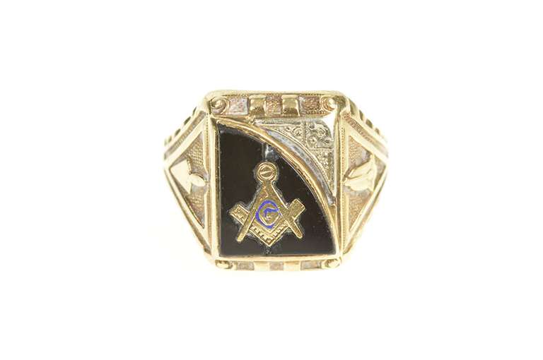 10K Yellow Gold Black Onyx Masonic Inlay Men's Retro Ring