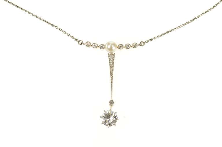 14K Yellow Gold 1.21 Ctw Victorian Diamond Drop Pearl Necklace