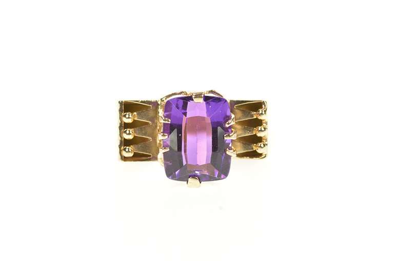14K Yellow Gold Retro Soviet Russian Amethyst Statement Ring