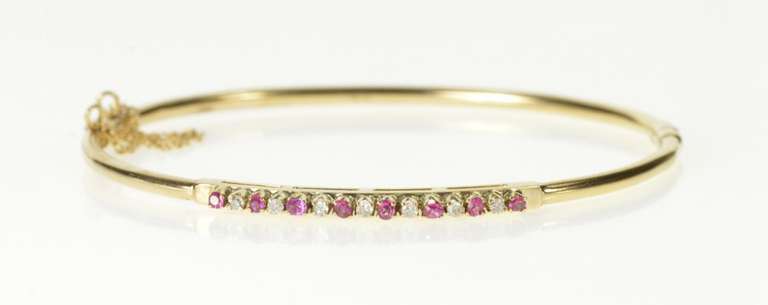 10K Yellow Gold Ruby Diamond Inset Retro Oval Bangle Bracelet