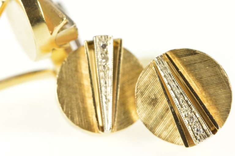 14K Yellow Gold Round Diamond Accent Geometric Retro Men's Cuff Links