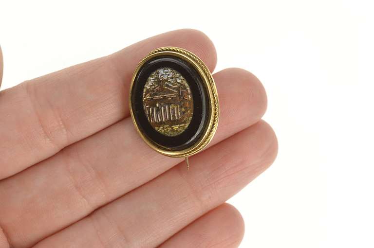 14K Yellow Gold Ornate Scene Italian Micro Mosaic Inlay Pin/Brooch