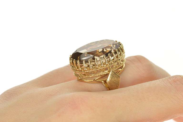 10K Yellow Gold 1960's Ornate Oval Smoky Quartz Cocktail Ring