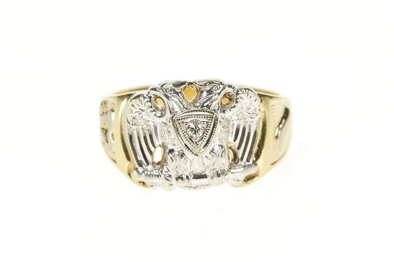 10K Yellow Gold Ornate Diamond Men's Masonic Eagle Ring