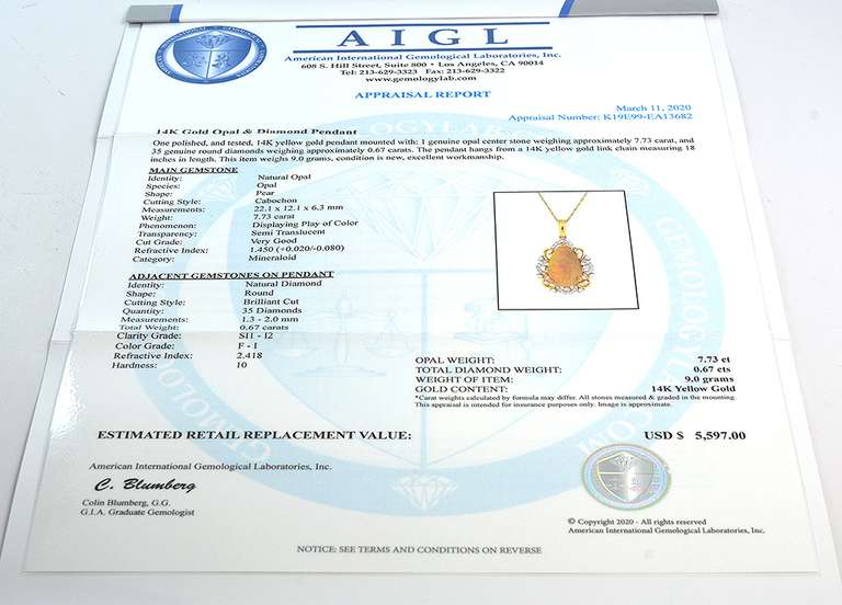 14K Yellow Gold Opal & Diamond Necklace