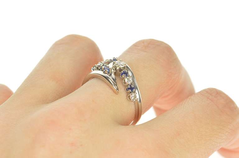 14K White Gold 0.66 Ctw Retro Diamond Sapphire Wave Ring