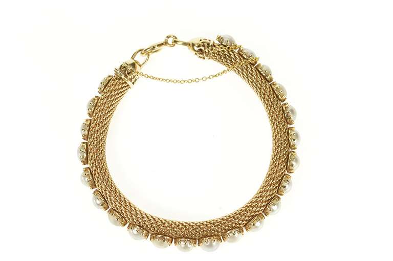 14K Yellow Gold Retro 1960's Pearl Mesh Chain Statement Bracelet