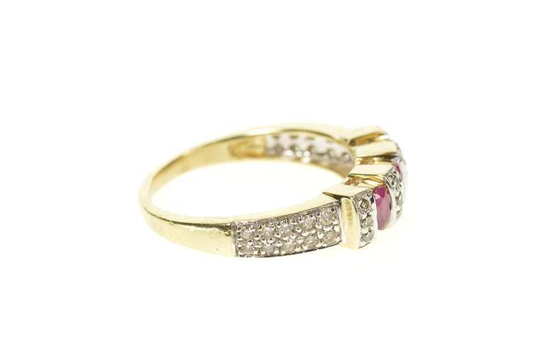 10K Yellow Gold Oval Ruby Diamond Encrusted Statement Band Ring