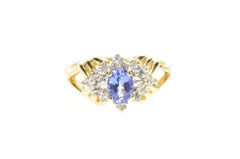 14K Yellow Gold Oval Tanzanite Diamond Halo Engagement Ring