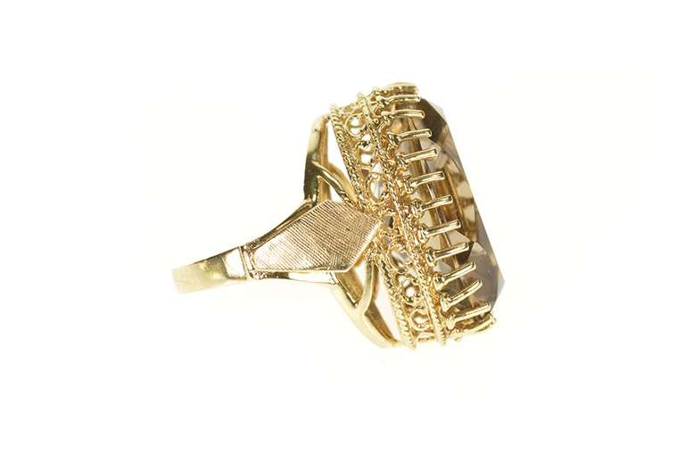 10K Yellow Gold 1960's Ornate Oval Smoky Quartz Cocktail Ring