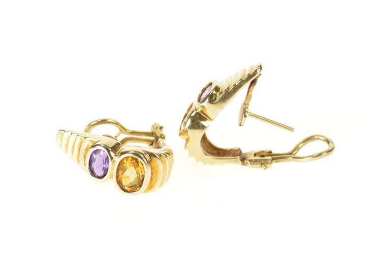 14K Yellow Gold Citrine Amethyst French Clip Statement Earrings