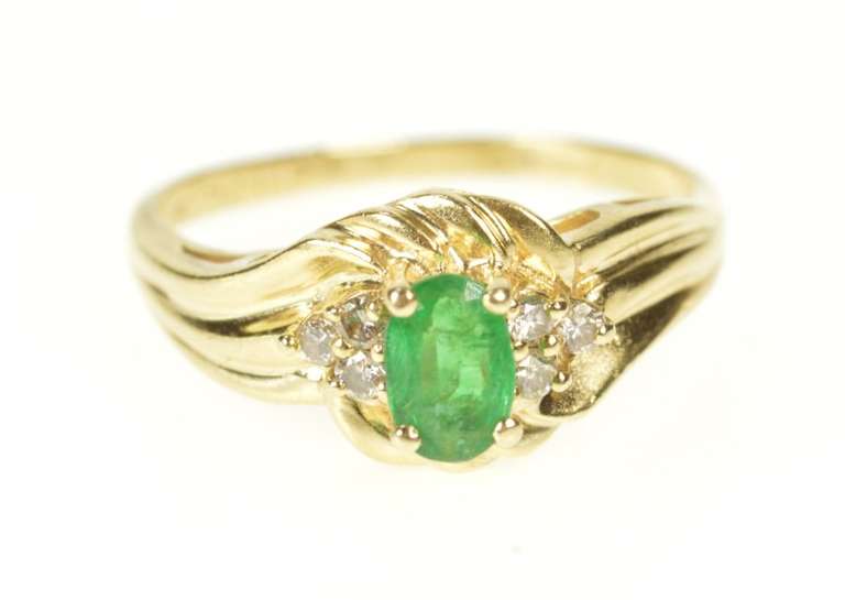 14K Yellow Gold Oval Emerald Diamond Bypass Engagement Ring