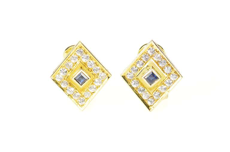14K Yellow Gold Squared Cubic Zirconia Halo Clip Back Earrings