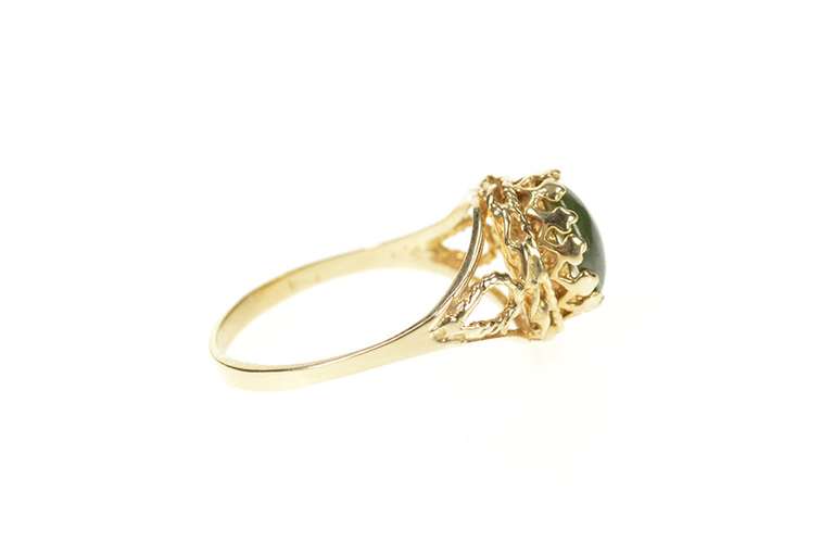 10K Yellow Gold Oval Nephrite Cabochon Rope Trim Statement Ring