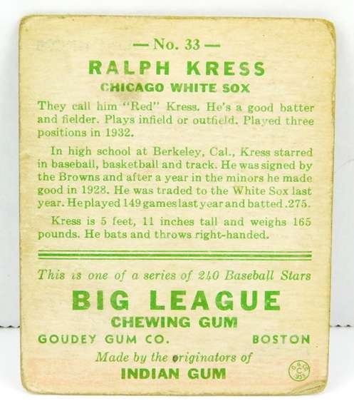 1933 Ralph Kress, White Sox Goudey Gum Baseball Card