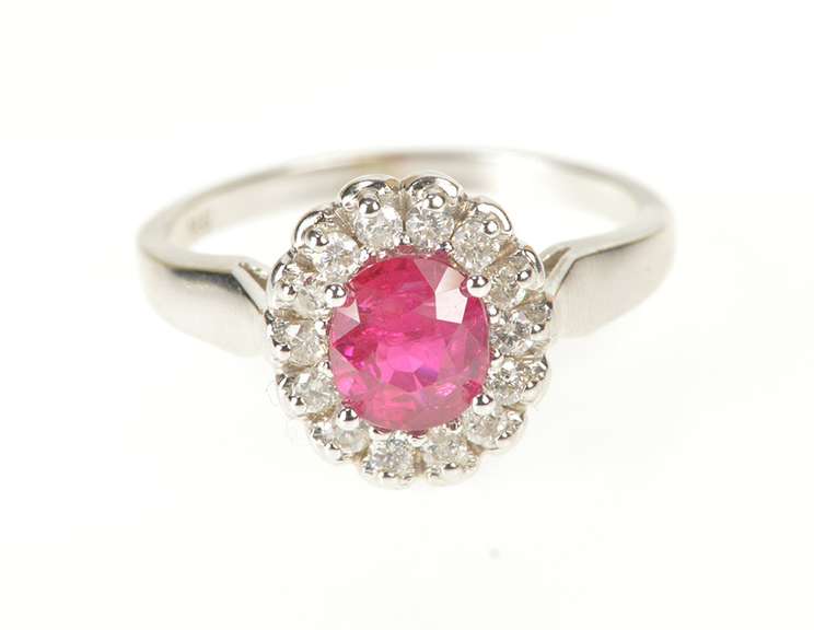 14K White Gold Oval Natural Ruby Diamond Halo Engagement Ring