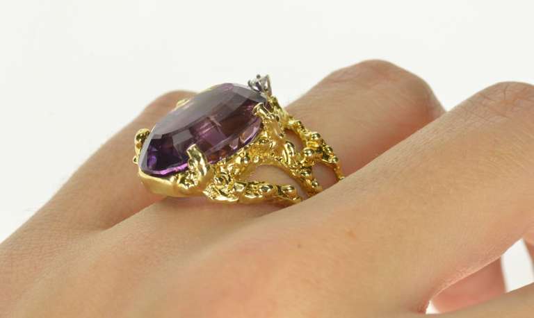 14K Yellow Gold Massive Amethyst Diamond Abstract Cocktail Ring