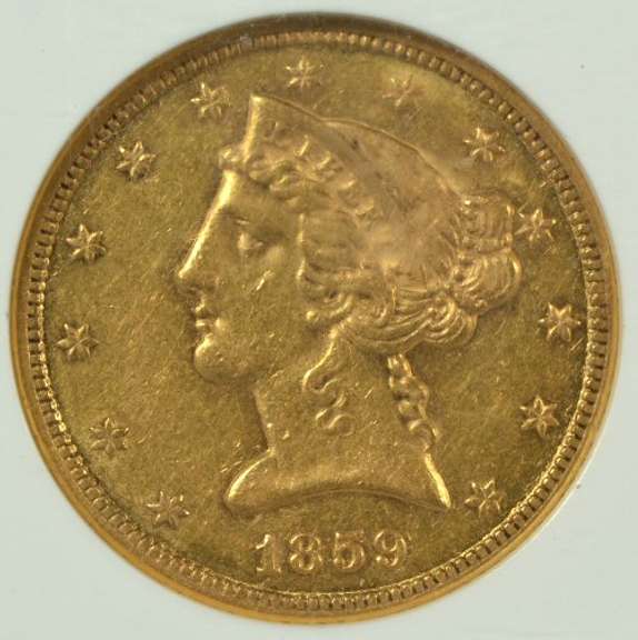 Ultra Rare Virtual Mint State 1859 US $5 Liberty Gold Piece. NGC AU55