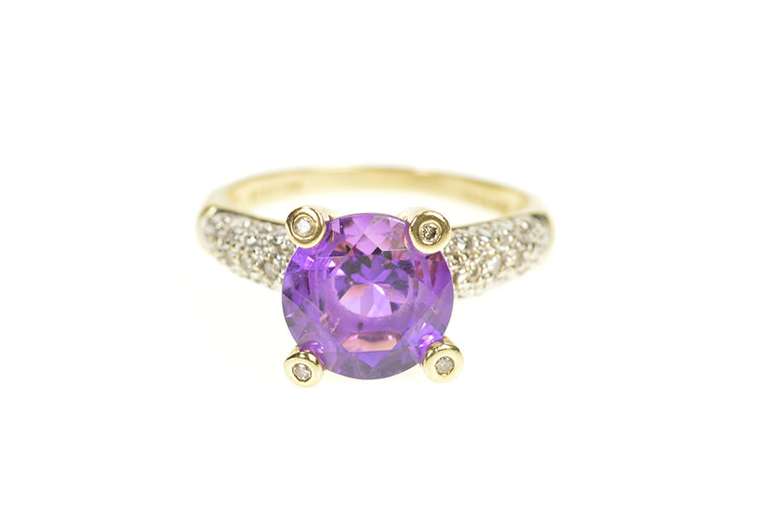 10K Yellow Gold Round Amethyst Diamond Accent Statement Ring