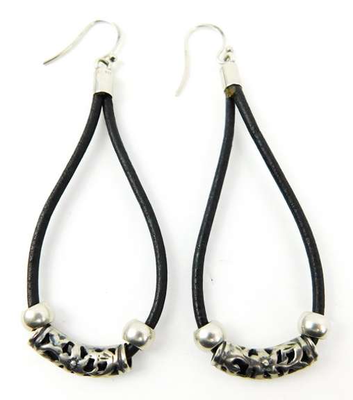 Long Leather & Sterling Bead Earrings