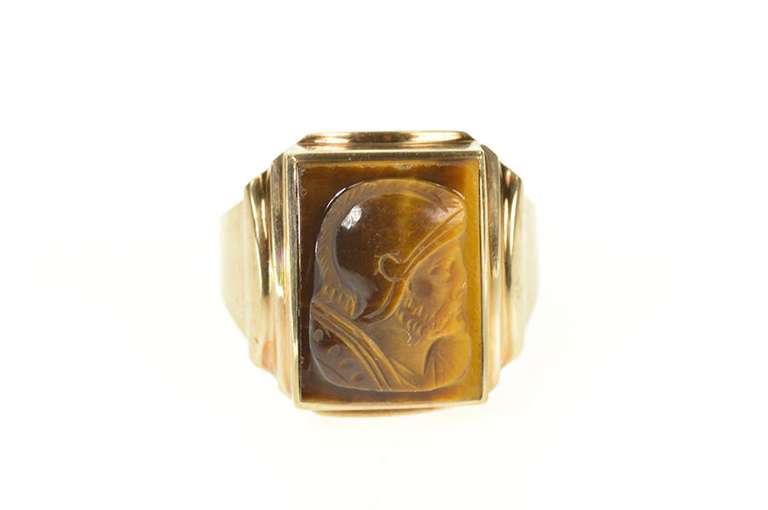 10K Yellow Gold Carved Tiger's Eye Soldier Cameo Men's Ring