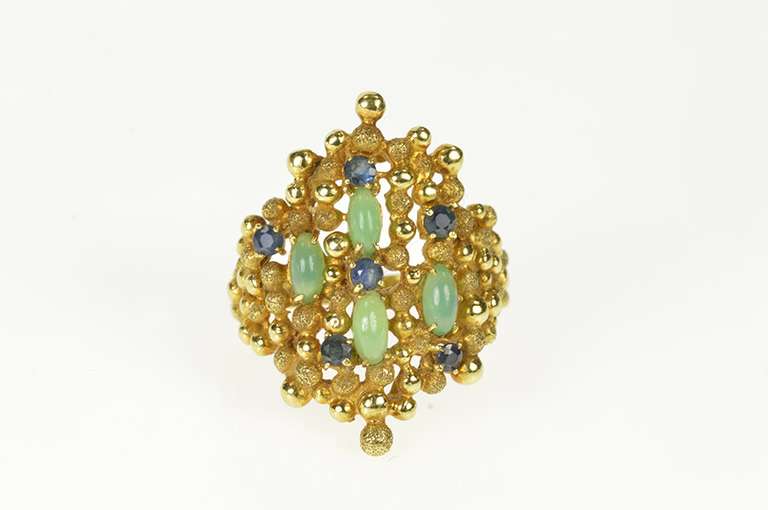18K Yellow Gold Emerald Sapphire Retro Dot Statement Ring