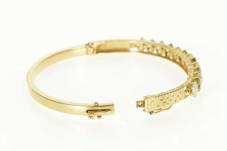 14K Yellow Gold Oval Natural Opal Peridot Ornate Bangle Bracelet