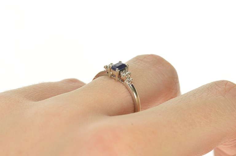 14K White Gold Emerald Cut Sapphire Diamond Engagement Ring