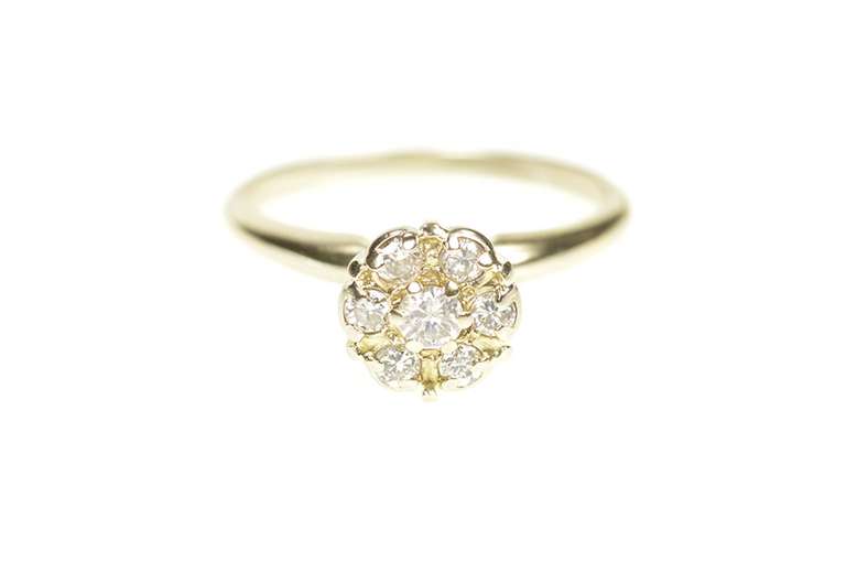 14K Yellow Gold Retro Diamond Halo Cluster Engagement Ring