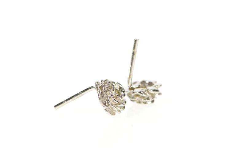 14K White Gold Diamond Inset Solitaire 3D Rose Flower Stud Earrings