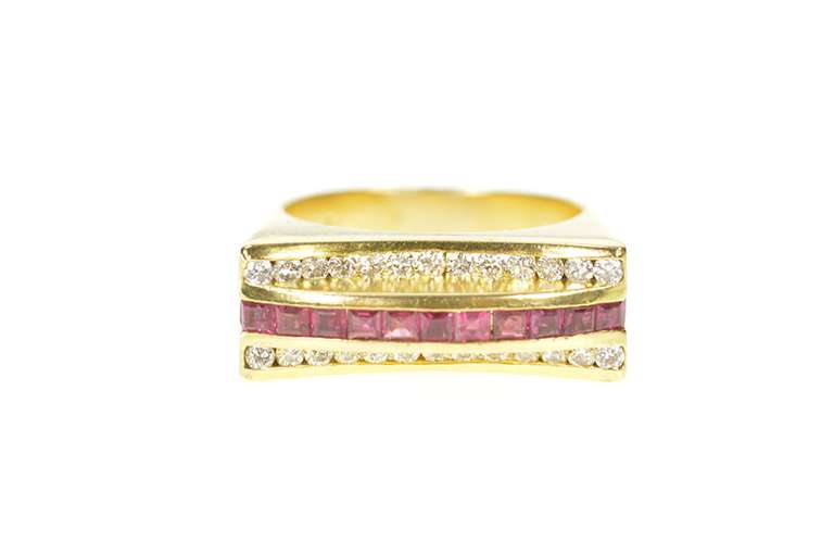 18K Yellow Gold 0.90 Ctw Ruby Diamond Squared Statement Band Ring