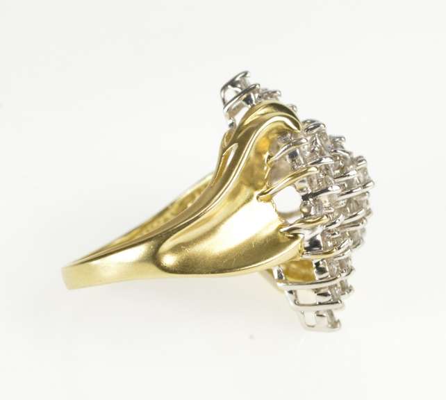 14K Yellow Gold Swirl Design Diamond Cluster Bypass Cocktail Ring