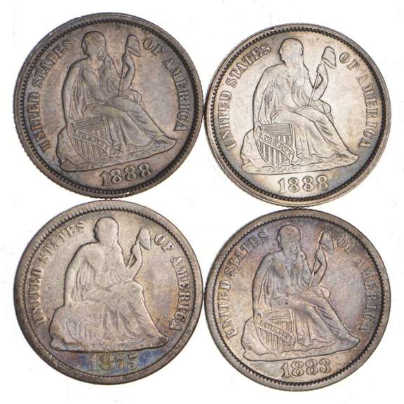 Lot (4) 1875-1888 Seated Liberty Dime - Love Tokens