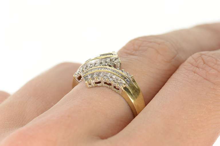 10K Yellow Gold Wavy Baguette Round Diamond Bypass Band Ring