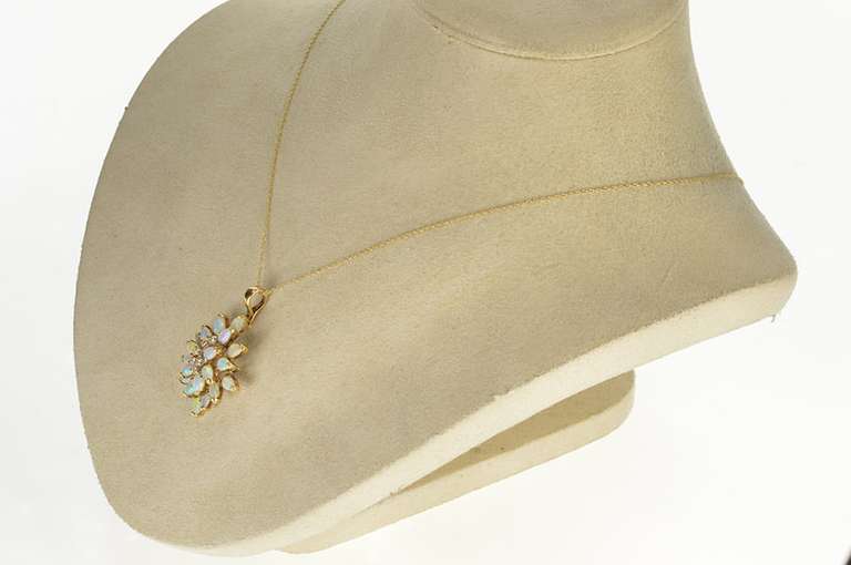 14K Yellow Gold Pear Natural Opal Diamond Cluster Statement Necklace