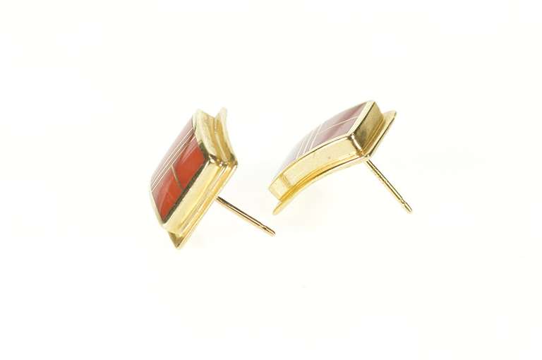 14K Yellow Gold Squared Coral Inlay Geometric Curved Stud Earrings