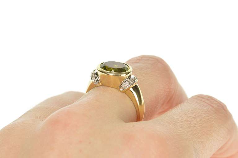 10K Yellow Gold Oval Peridot Diamond Statement Accent Ring