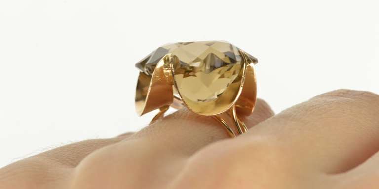 14K Yellow Gold Smoky Quartz Star Cut Cocktail Statement Ring
