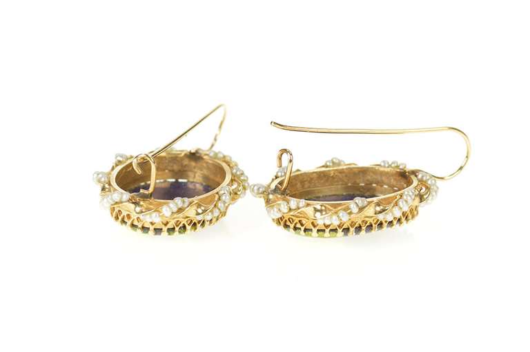 14K Yellow Gold French Ornate Ceramic Lady Portrait Dangle Earrings