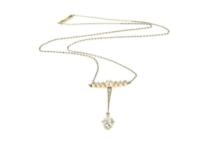 14K Yellow Gold 1.21 Ctw Victorian Diamond Drop Pearl Necklace