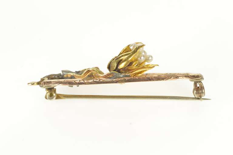 10K Yellow Gold Victorian 3D Pearl Flower Etched Oval Pin/Brooch