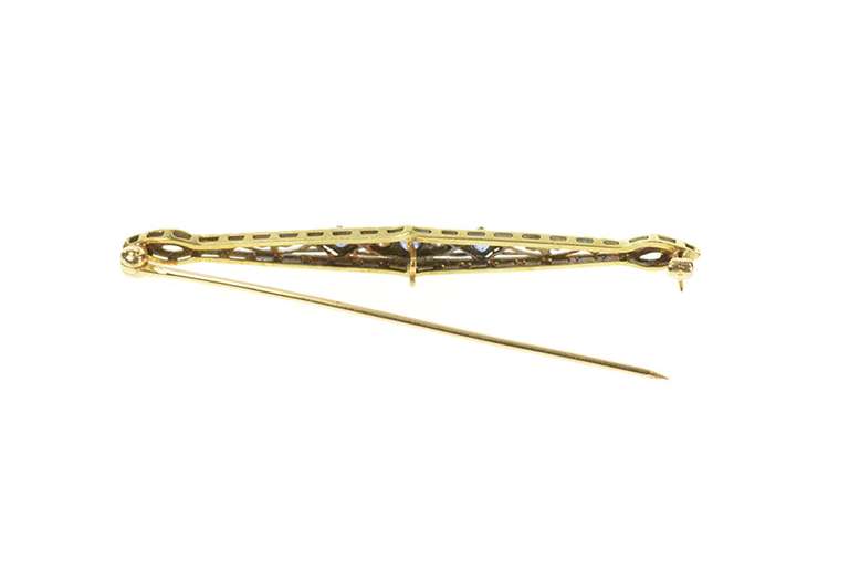 14K Yellow Gold Art Deco Diamond Sapphire Filigree Bar Pin/Brooch
