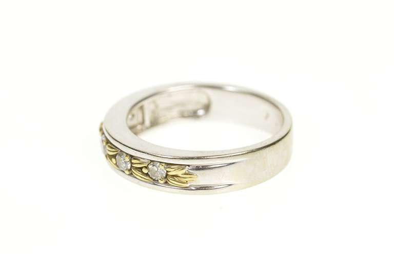14K White Gold Two Tone Diamond Leaf Pattern Wedding Band Ring